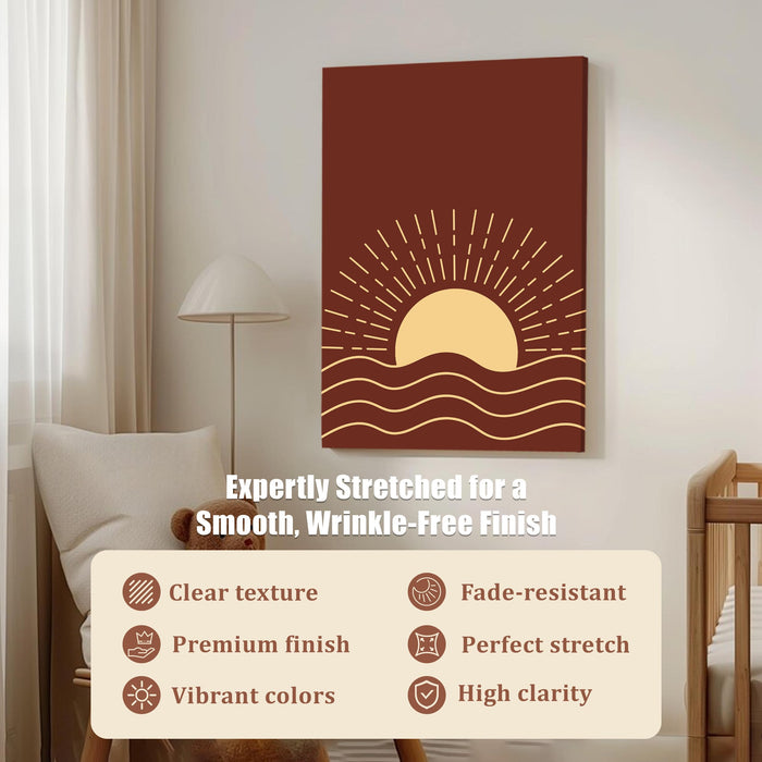 Abstract Dark Brown Sun Rise Stretched Canvas Wall Art Modern Boho Illustration Painting for Home & Office Wall Decor, (16x22 Inch)