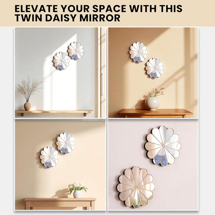Bronze Decorative Wall Mirrors 2 Piece Daisy Mirror Set, Floral Petal Design, Compact Size, Wall-Mount Ready 24x24 cm