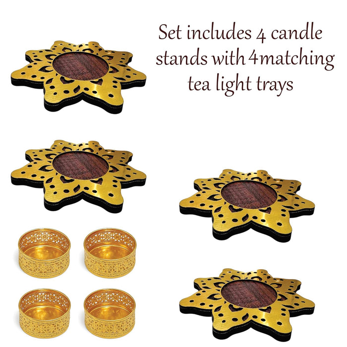 Decorative Diwali Tealight Diya Holders for Home Decoration, Dipawali Décor Items, Diwali Temple Decoration - MDF Wood Tea Light Candle Holder Star Floral Shaped Stand –11x11 cm