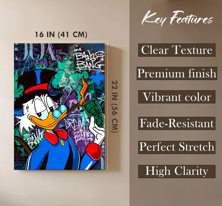 PAINTINGMANTRA Money & Success Pop Art Canvas Print, Street Style Millionaire Duck Cash, Modern Urban Decor for Office & Man Cave, Canvas print Ready to Hang - 41x56 cm