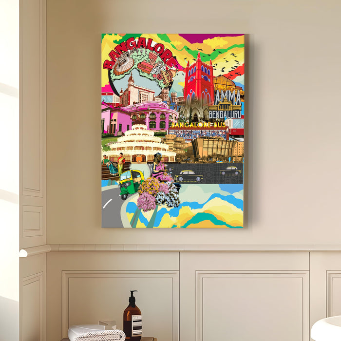 Bangalore Landmarks Collage Mixed Media Canvas Wall Painting | Travel pop art Canvas Wall Painting For Home and Office Wall Décor (41x56 cm)