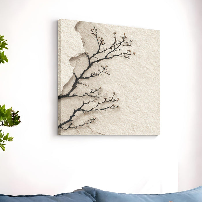 Japanese Zen Tree Branch Stretched Canvas Wall Art Painting For Living Room, Minimalist Wabi-Sabi Landscape Painting, Modern Japandi Decor for Living Room, Office & Home (56xx56 cm)