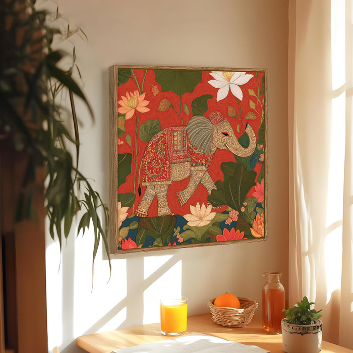 Pichwai Elephant Lotus Framed Painting For Living Room | Traditional Vastu Large Canvas Painting With Frame Wall Art For Bedroom, Hallway's, Office, Hotel, Size 58x58 cm