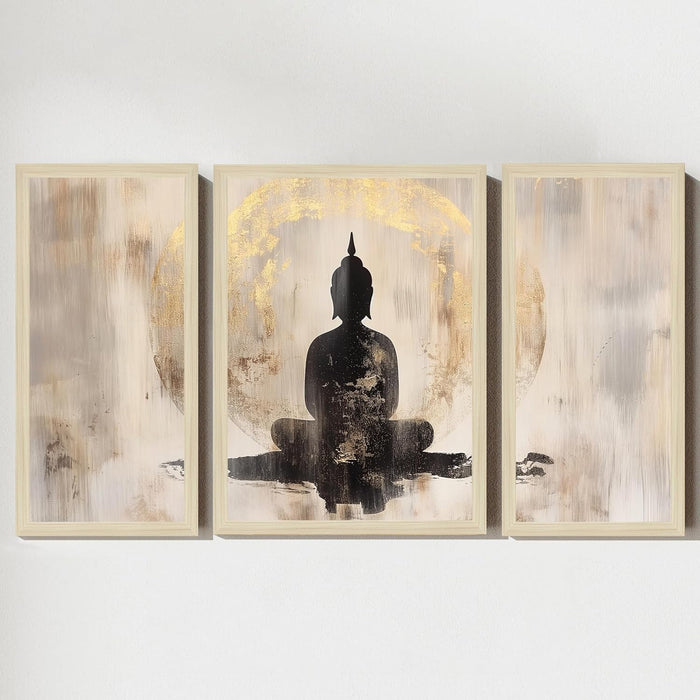 Buddha Floral Abstract Framed Wall Art Painting Home Décor Pack Of 3 | Digital Scenery Painting with Frame, Office Set Of 3, 22x46 cm, 33x44 cm