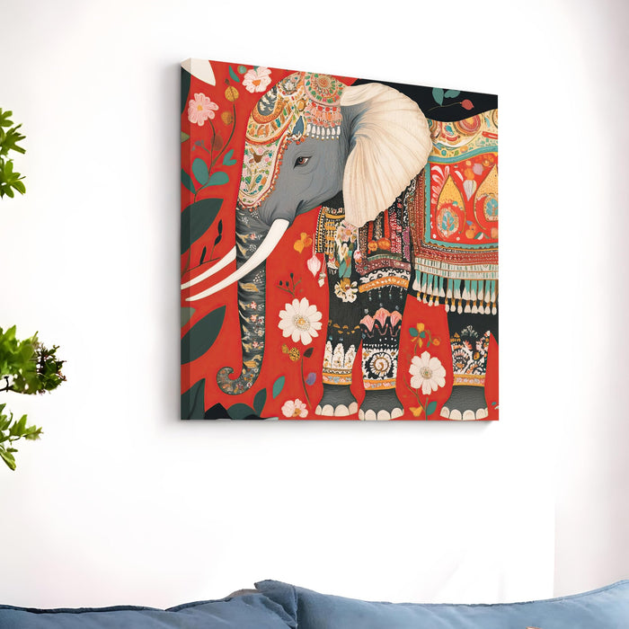 Royal Indian Elephant & Floral Garden Wall Art Painting For Living Room, Traditional Rajasthani Folk Stretched Canvas Painting, Modern Ethnic Mughal Decor for Living Room, Office & Home (56xx56 cm)
