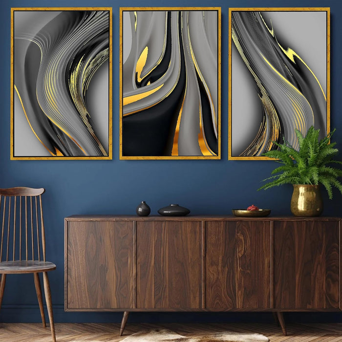 Abstract Marble Curves Geometric Canvas Painting For Home Décor (17x23 Inch, Set Of 3)
