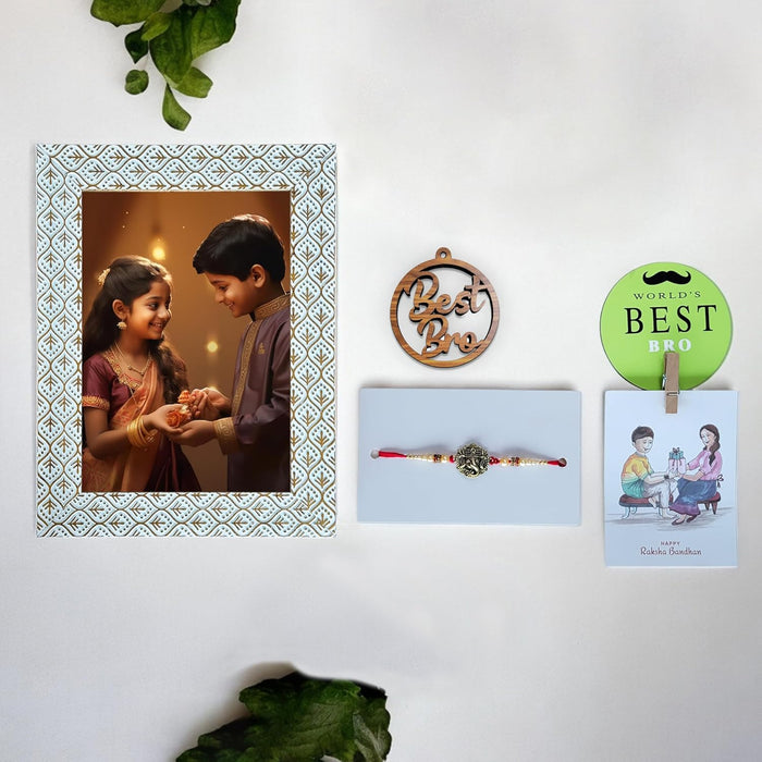 Art Street Rakhi Gift Hamper Combo Set-One 5x7 Inch Tectured Photo Frame With Ganesh Rakhi for Brother, Best Bro Keychain, One Photo Clip Best Brother Fridge Magnet Rakshabandhan Rakhi