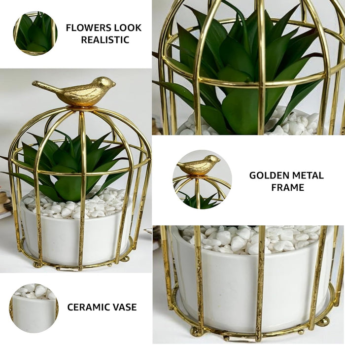 Art Street Artificial Plant & Pot in Gold Metal Cage with Bird, Fake Aloevera Plant in Pot for Home, Table, Window, Living Room, Bedroom, Office (White, Size: 3x7 Inch)