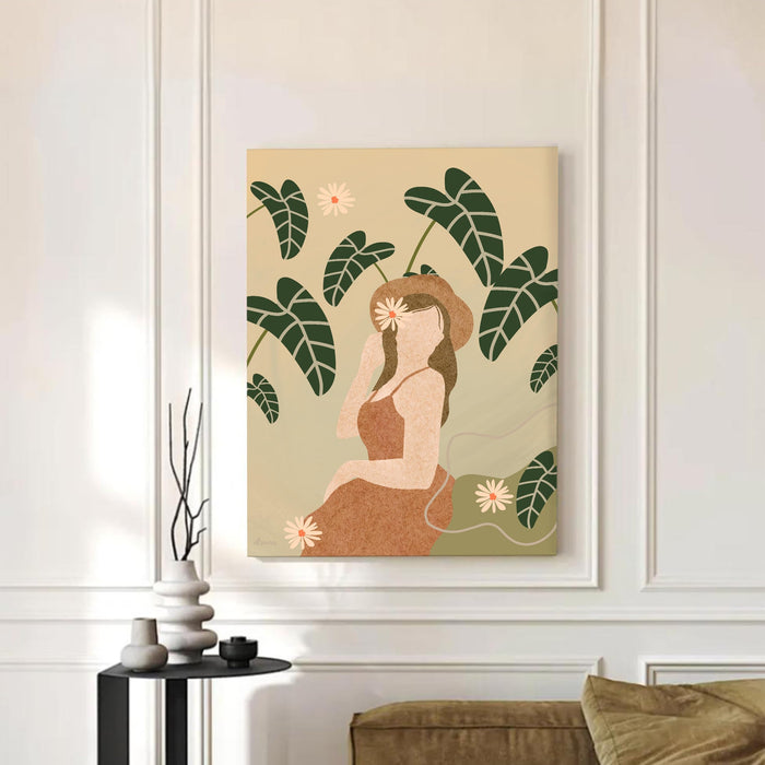 Abstract Women desert botanical Stretched Canvas Wall Art Modern Boho Illustration Painting for Home & Office Wall Decor, (16x22 Inch)