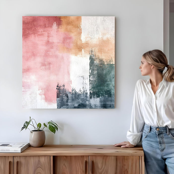 Modern Abstract Stretched Canvas Wall Art Painting For Living Room, Textured Pink, Large Minimalist Poster on Stretched Canvas for Living Room, Office & Bedroom Decor (56xx56 cm)