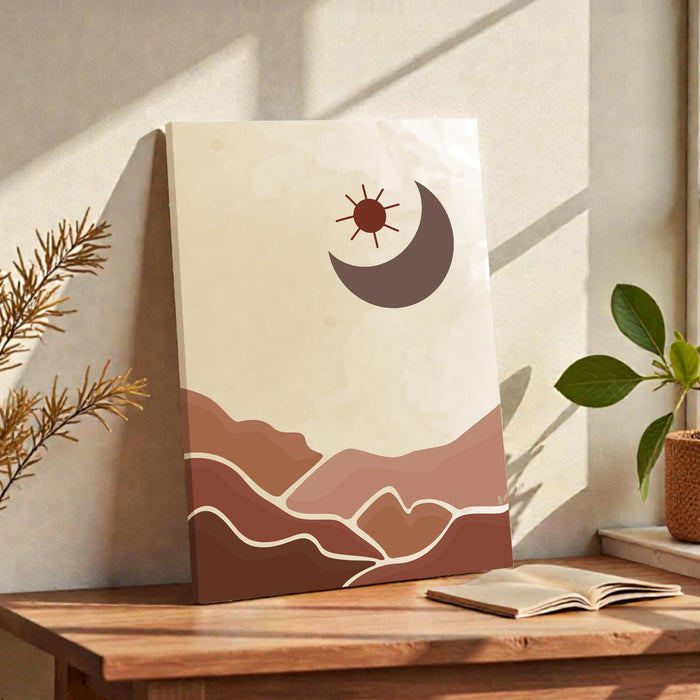 Abstract Desert Moon and mountain theme Stretched Canvas Wall Art Modern Boho Illustration Painting for Home & Office Wall Decor, (16x22 Inch)