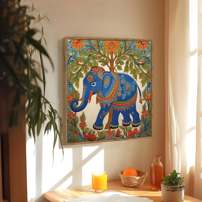 Madhubani Elephant Folk Framed Painting For Living Room | Mithila Botanical Large Canvas Painting With Frame Wall Art For Bedroom, Hallway's, Office, Hotel, Size 58x58 cm