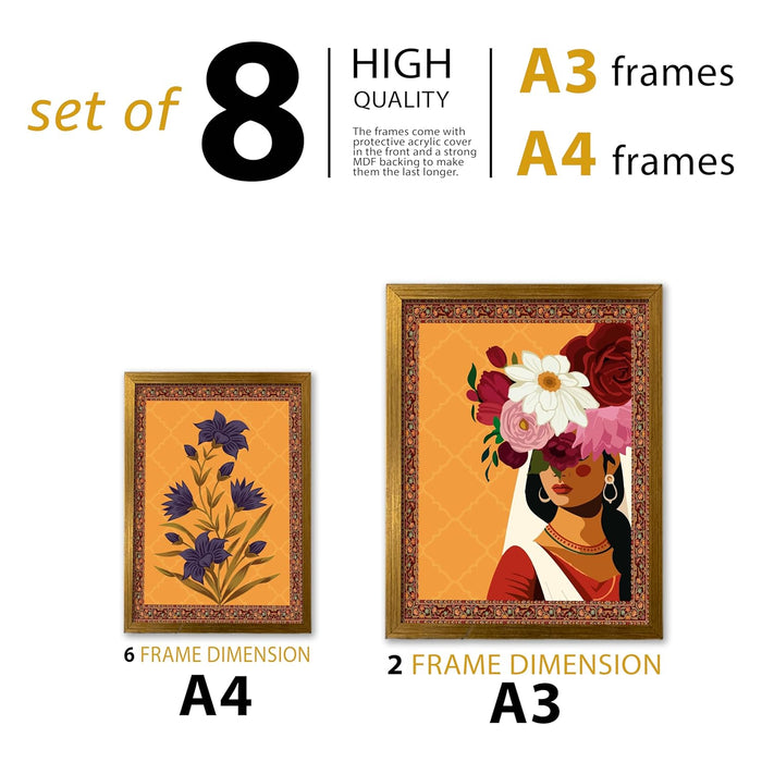 Art Street Set of 8 Indian Wall Art Print Man and Woman with Elephant Floral Framed Vintage Poster For Home (Size: 9.3x12.7 & 12.7x17.5 Inch)