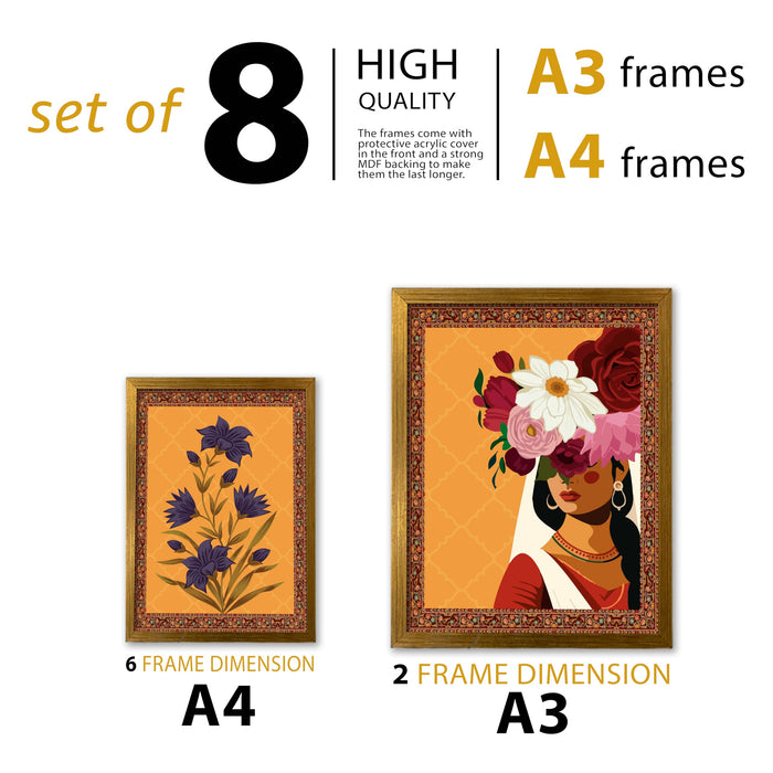 Art Street Set of 8 Indian Folk Wall Art Royal Prince with Queen Palace Painting For Home (Size: 9.3x12.7 & 12.7x17.5 Inch)