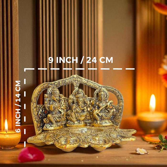 Lakshmi Ganesh Saraswati Metal Idols with 5 Diya Oil Lamp Base Traditional Brass Finished Metal Idol Set, Diwali Decoration, Temple, Brass Finished 24x14 cm