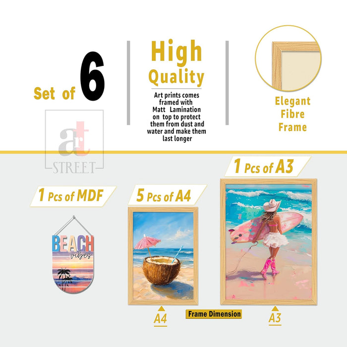 Set of 7 Summer Beach Theme Gallery Framed Wall Art Print, Coastal Cowgirl Vintage Wall Posters (Size: 1 MDF, 9.3x12.7 & 12.7x17.5 Inch)