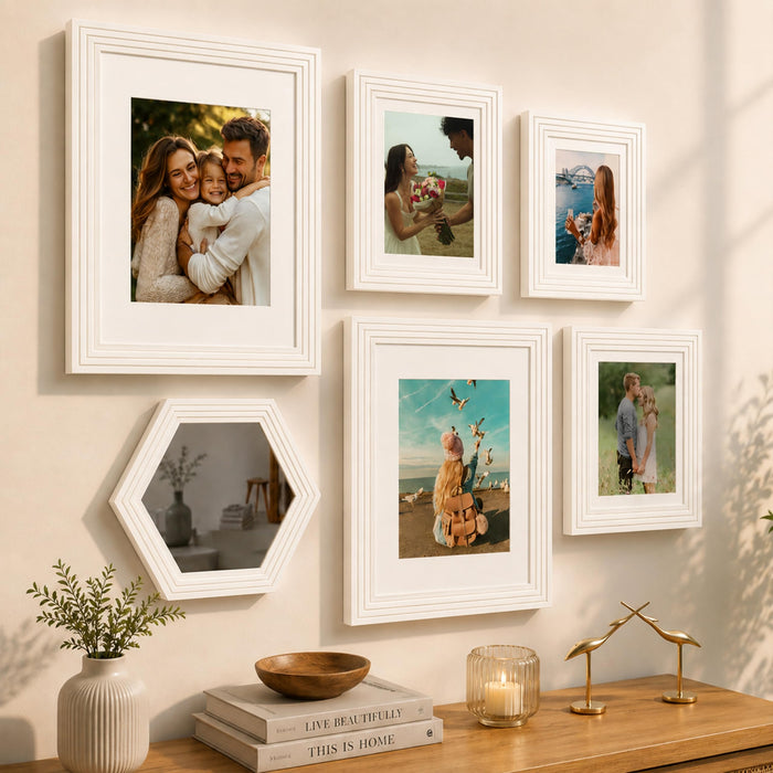 Art Street White Gallery Wall Photo Frame Set with Hexagon Mirror | Modern Collage Timeline Wall Decor for Living Room, Bedroom & Family Memories | Multi Size Frame Set