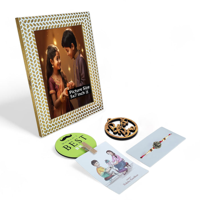 Art Street Rakhi Gift Hamper Combo Set-One 5x7 Inch Photo Frame With Ganesh Rakhi for Brother, Best Bro Keychain, One Photo Clip Best Brother Fridge Magnet Rakshabandhan Rakhi