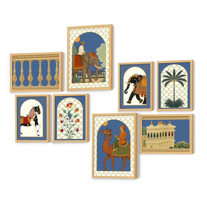 Mughal Animal traditional Indian Art Wall Art Print Paintings, Set of 8 | Digital Framed Painting | 30x42, 21x30 cm