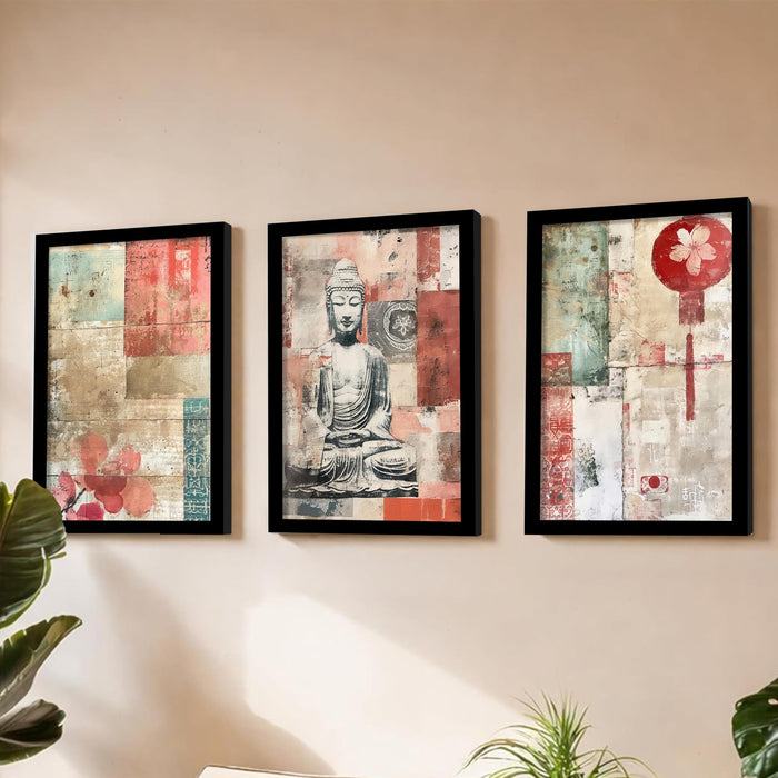 Abstract Buddha A3 Framed Painting for Living Room With Frame, Abstract Religious Floral Framed Vastu Paintings for Home Decor Bedroom Hallways Office Hotel Set of 3, Size 33x45 cm