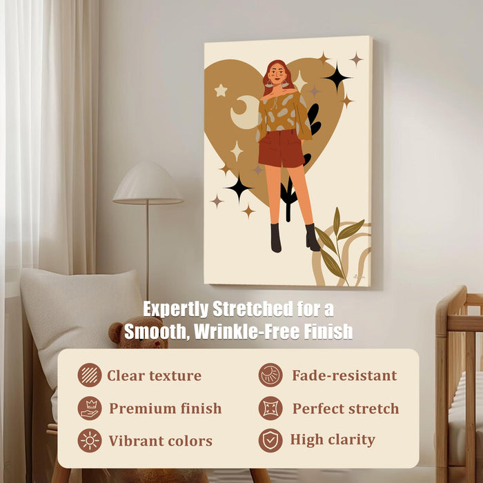 Abstract Heart and Female Stretched Canvas Wall Art Modern Boho Illustration Painting for Home & Office Wall Decor, (16x22 Inch)