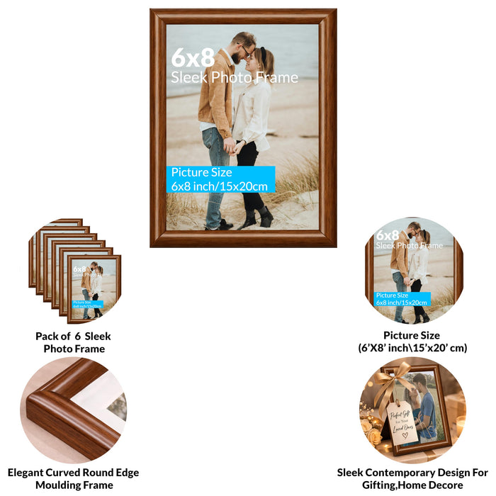 Art Street Picture Photo Frame Set of 6 for Bedroom, Tabletop Frames with Stand, Photo Frames for Couples, Weddings, Home Decor, Portrait or Landscape Display (Brown,6x8 Inch)