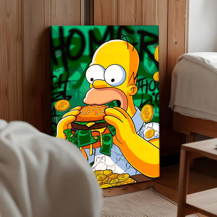 Funny Money Burger Pop Art Stretched Canvas Painting Print| Cartoon Style Graffiti Wall Art | Modern Humorous Artwork for Home, Café & Office Décor, 56x86 cm