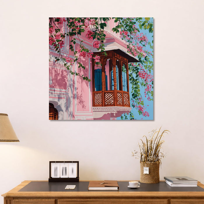 Traditional Indian Architecture & Pink Bougainvillea Floral Painting For Living Room, Jaipur Balcony Stretched Canvas Wall Art, Modern Boho for Living Room, Office & Home Decor (56xx56 cm)