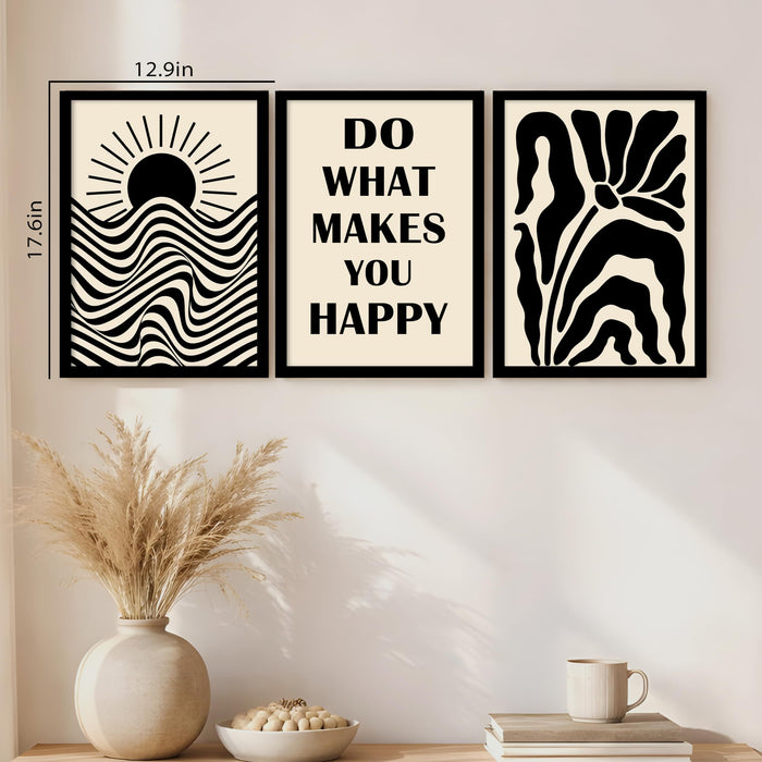 PAINTINGMANTRA Motivational Boho A3 Framed Posters for Living Room with Frame, Do What Makes You Happy Bohemian Quotes Wall Poster for Home Decor Bedroom Hallways Office Hotel Set of 3, Size 33x45 cm