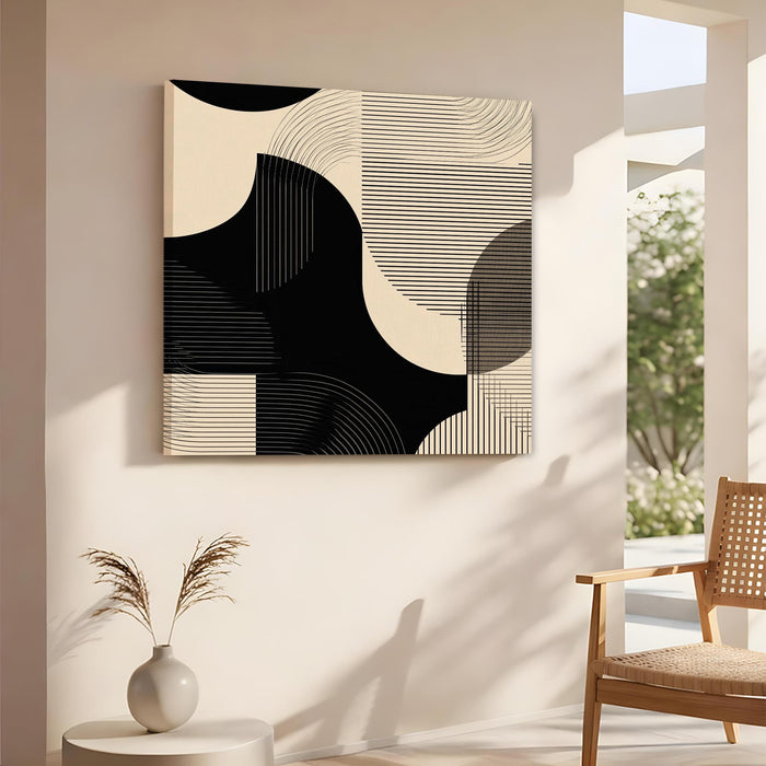 Modern Boho Optical Illusion Stretched Canvas Art Painting For Living Room, Minimalist Wavy Line & Geometric Shape Painting, Contemporary Abstract Decor for Living Room & Office (56xx56 cm)