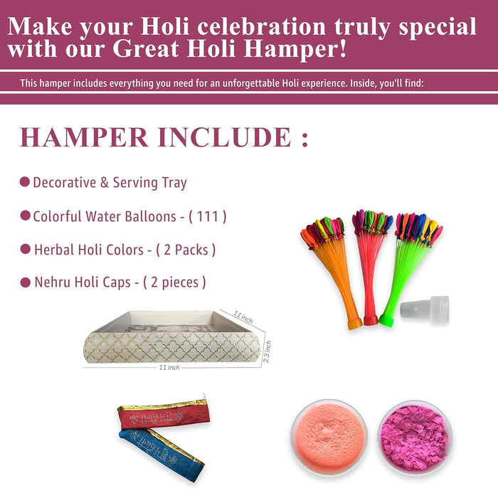 Art Street Holi Gift Hamper Combo Set, 111 Pcs Of Balloons, Two Holi Caps, Handmade Decorative & Serving Tray Home Decor (White, 11x11 Inch Tray)