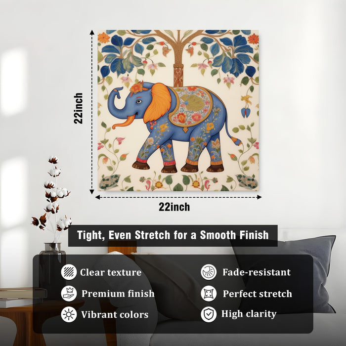 Traditional Madhubani Blue Elephant Stretched Wall Art Painting For Living Room, Indian Folk Tree of Life Stretched Canvas Painting, Ethnic Home Decor for Living Room & Office (56xx56 cm)