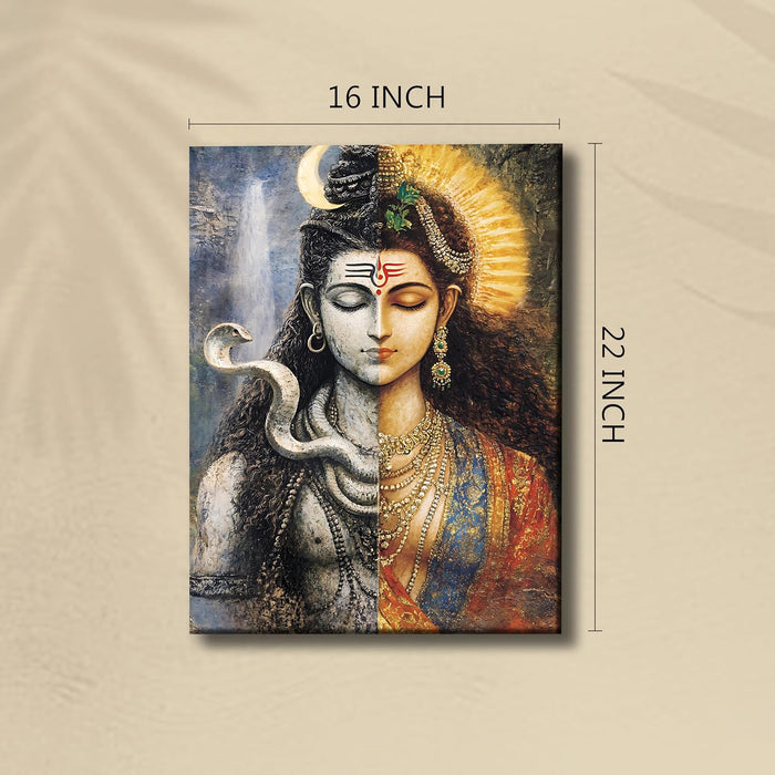 Abstact Art Shiv Parvati as Divine Ardhnarishwar Wall Decor Print | Canvas Painting Stretched on Wood | Suits For Mandeer (16x22 Inch)