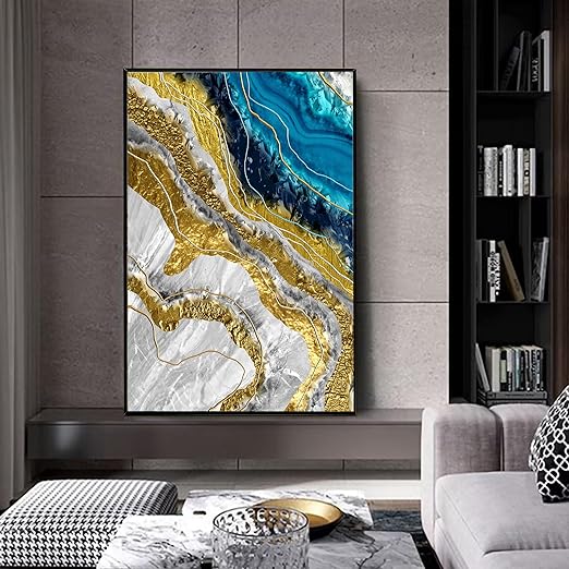 Art Street Canvas Painting Abstract Deep Sea Blue Marble Print Golden Seam Agate Decorative Art For Living Room (Size:23x35 Inch)