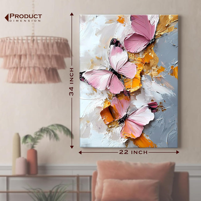 Portrait Abstract Canvas Wall Art painting Flower and Flying Butterfly Multicolor | Digital Painting on Canvas Stretched on Wood (22x34 Inch)