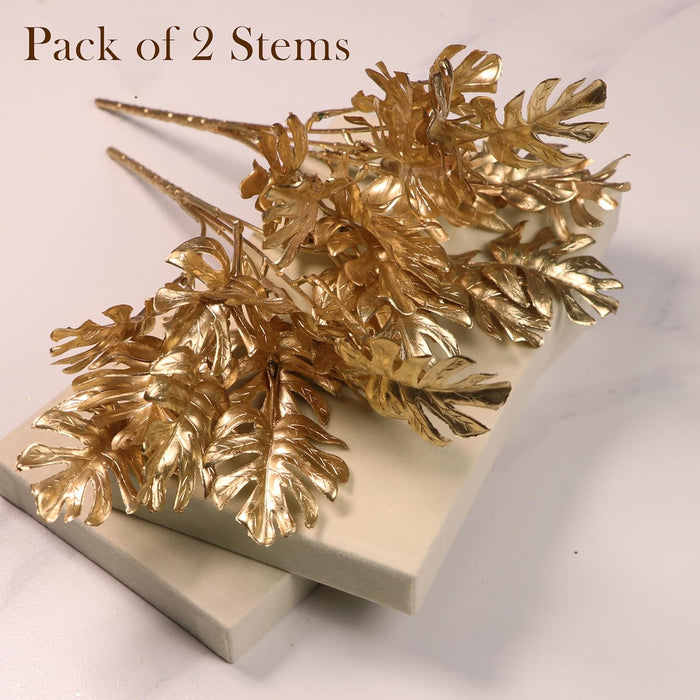 Golden Monstera Leaves Stem, Fake Faux Shrubs PVC, UV Resistant for Home Décor 28 cm