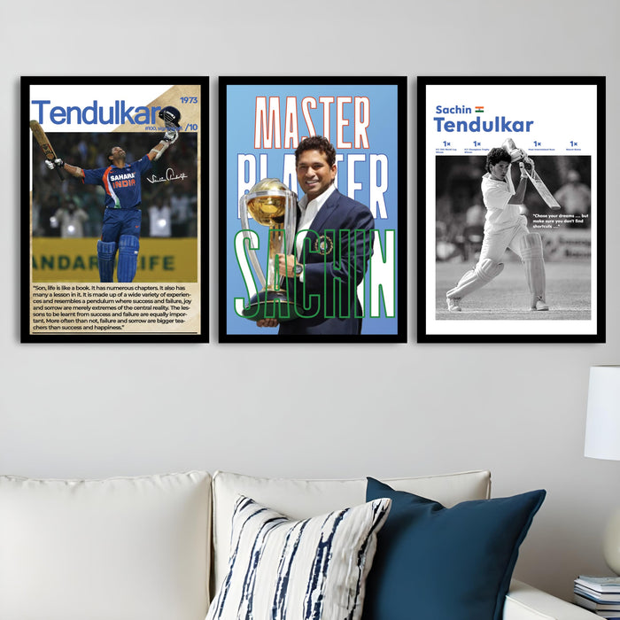 PAINTINGMANTRA Sachin Tendulkar Wall Art | Master Blaster Cricket Posters | Framed Sports Wall Decor for Living Room, Bedroom, Office & Cricket Lovers (13.9x17.6 Inch, Set of 3)
