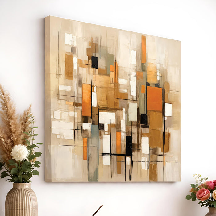 Geometric Abstract Stretched Canvas Painting For Living Room | Modern Mid-Century Wall Art Large Canvas Painting For Livingroom Home Decor, Bedroom, Hallway's, Office, Hotel - 86x86 cm
