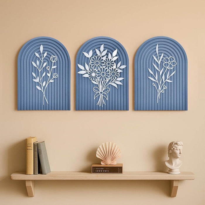 Pack of 3 Boho Floral Wall Art with Blue Arched Wood Base and White Acrylic Flower Cutouts Boho Decor 22x31 cm