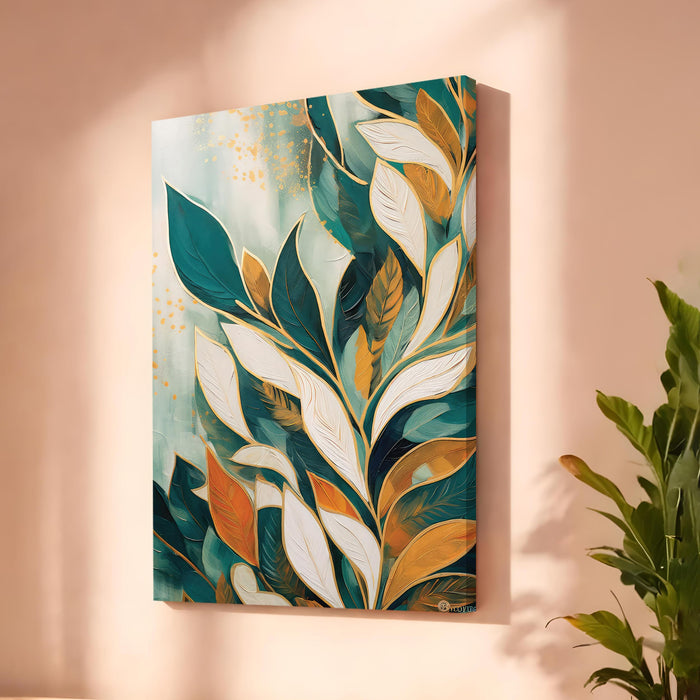 Abstract Botanical Leaves Stretched Canvas Painting For Living Room | Boho Tropical Stretched Canvas Wall Art For Livingroom Home Decor, Bedroom, Hallway's, Office, Hotel - 56x86 cm