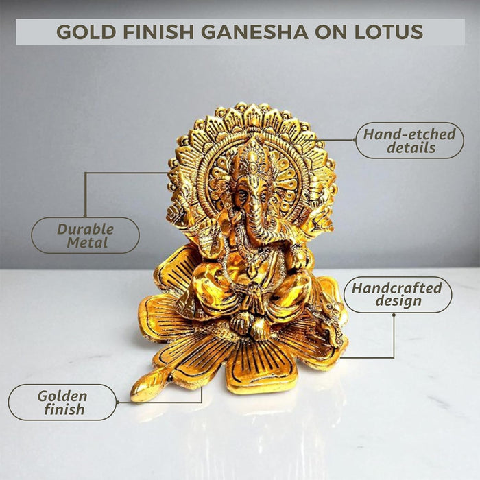 Metal Ganesha Sitting Idol on Lotus Traditional Ganesha Brass Finished Idol Diwali Decoration, Brass Finished, Handcrafted Design 14x16 cm
