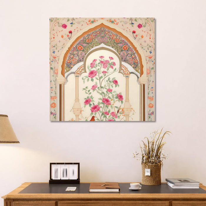 Indian Mughal Wall Art Painting For Living Room, Modern Miniature Style Stretched Canvas Wall Art Poster, Floral Peacock Motif Painting for Living Room, Office & Home Decor (56xx56 cm)