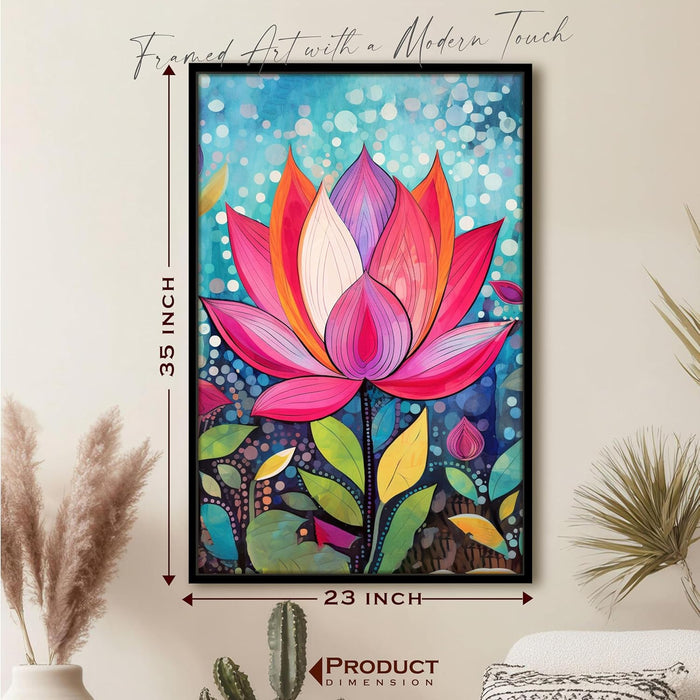 Abstract Multicolor Folk Art of Lotus Floral Stretched Canvas Painting with Frame – Wall Art – Framed Canvas Wall Décor (23x35 Inch)