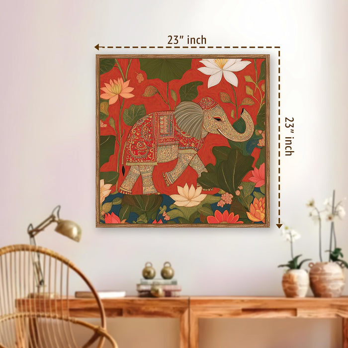 Pichwai Elephant Lotus Framed Painting For Living Room | Traditional Vastu Large Canvas Painting With Frame Wall Art For Bedroom, Hallway's, Office, Hotel, Size 58x58 cm