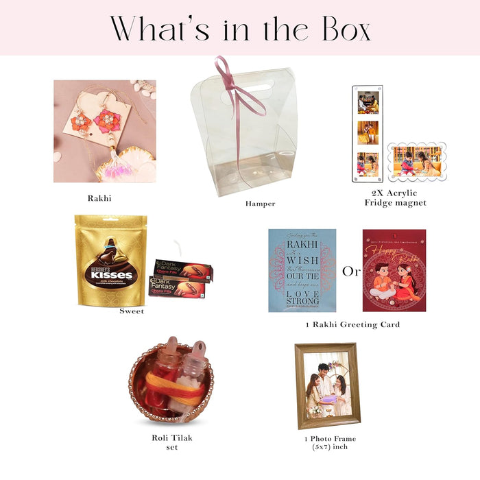 Rakshabandhan Chocolate Gift Hamper for Brother and Bhabhi, Photo Frame and Greeting Card 2 Rakhi with Chawal and Roli Gift Set for Celebrate Raksha Bandhan