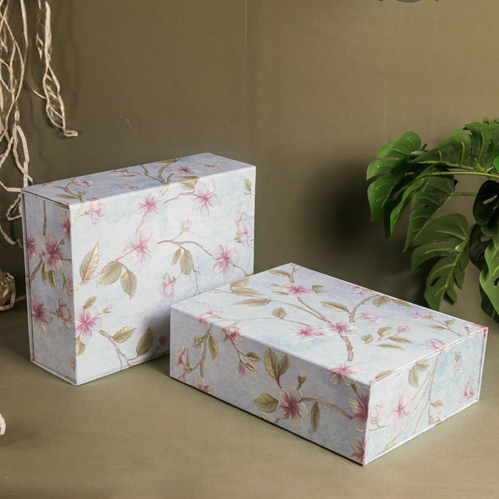 Foldable Cardboard Flowers Printed Hamper Gift Box Set of 2, Multipurpose Gift Hamper Box For Special Occasions, Wedding Gift Packaging (Blue)