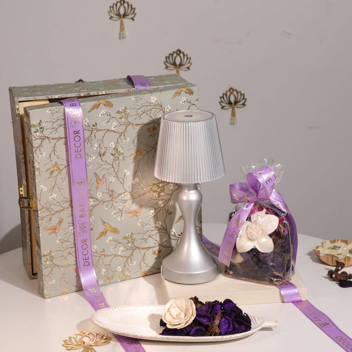 Diwali Gift Hamper Box with Table Lamp, Vanilla Scent Potpourri and Tray, Friends and Relatives (Pack of 3)