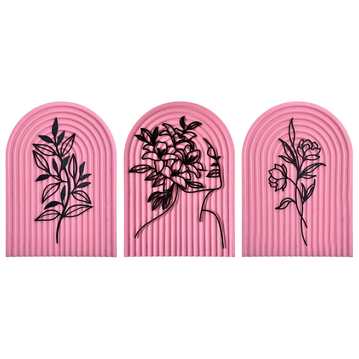 Pack of 3 Boho Floral Wall Art with Arched Wood Base and Floral Women Face Cutouts Boho Decor 22x31 cm