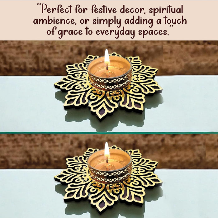 Decorative Diwali Tealight Diya Holders for Home Decoration, Dipawali Décor Items, Diwali Temple Decoration - MDF Wood Tea Light Candle Holder Stand Flower-shaped stands –11x11 cm