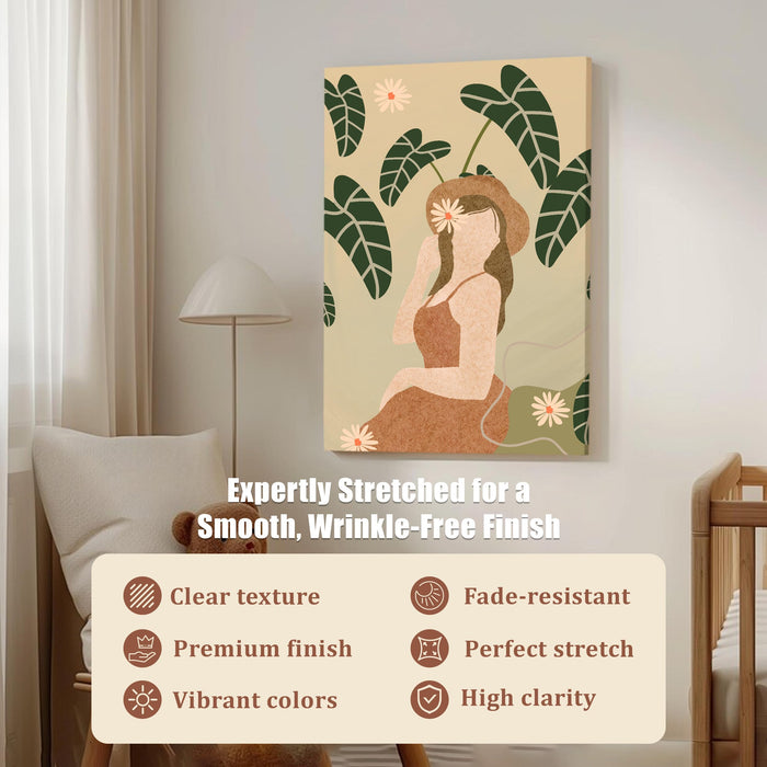 Abstract Women desert botanical Stretched Canvas Wall Art Modern Boho Illustration Painting for Home & Office Wall Decor, (16x22 Inch)